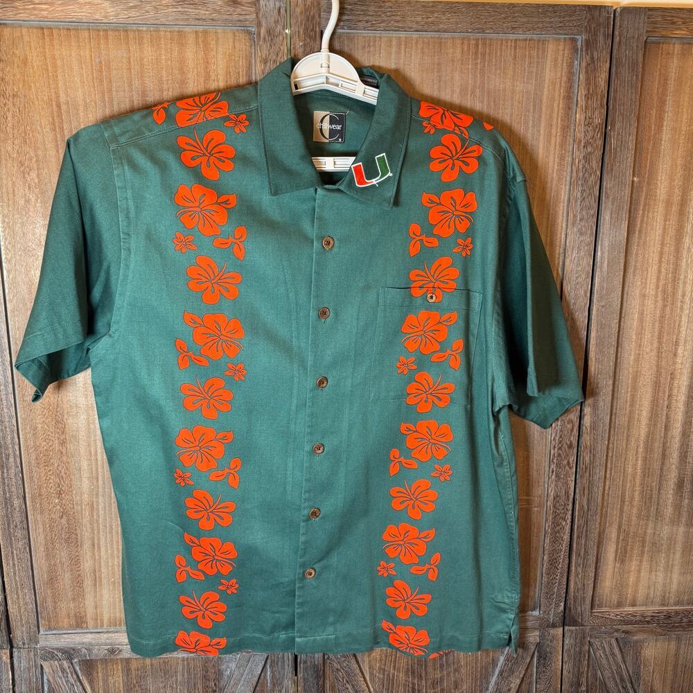 Miami Hurricanes Hawaiian Shirt Mens M Green Orange Hibiscus Camp Button Up